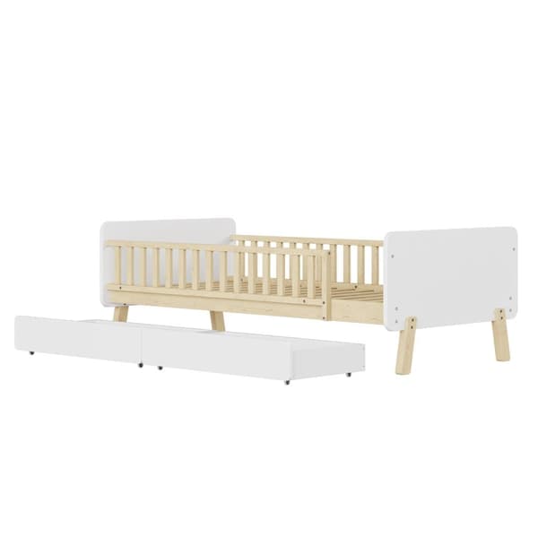 Børneseng 90x190cm med 2 skuffer - Enkeltseng af massivt træ med lamelramme - Hvid