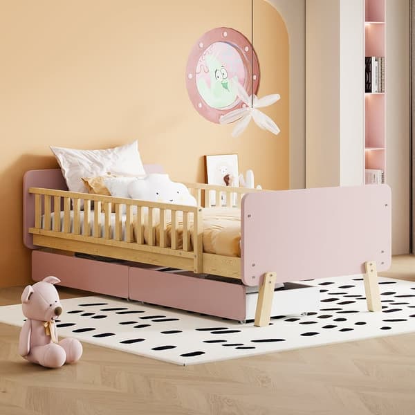 Barnsäng 90x190cm med 2 lådor - Enkelsäng i massivt trä med lamellram - rosa