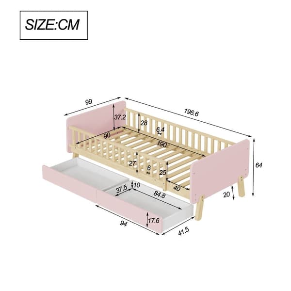 Barnsäng 90x190cm med 2 lådor - Enkelsäng i massivt trä med lamellram - rosa