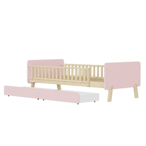Barnsäng 90x190cm med 2 lådor - Enkelsäng i massivt trä med lamellram - rosa