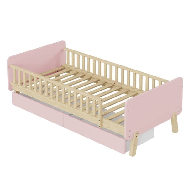 Barnsäng 90x190cm med 2 lådor - Enkelsäng i massivt trä med lamellram - rosa
