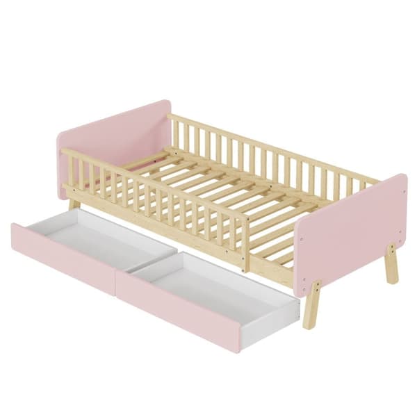 Barnsäng 90x190cm med 2 lådor - Enkelsäng i massivt trä med lamellram - rosa