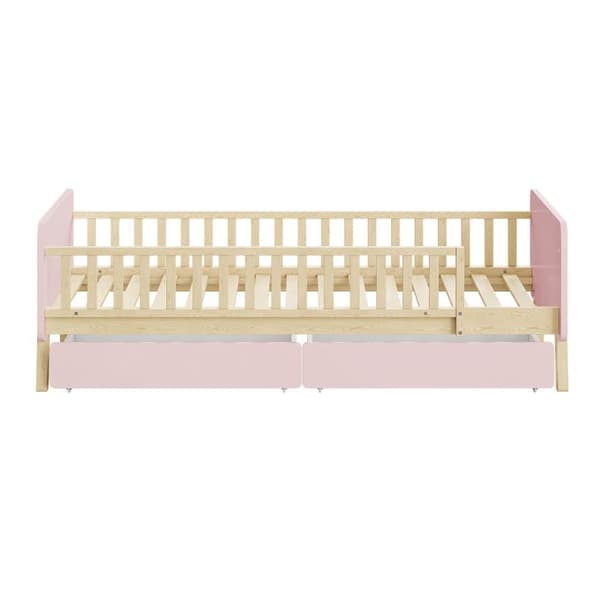 Barnsäng 90x190cm med 2 lådor - Enkelsäng i massivt trä med lamellram - rosa