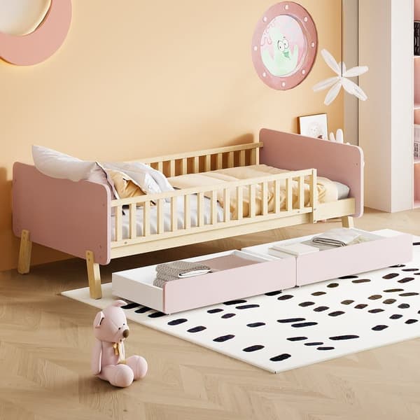 Barnsäng 90x190cm med 2 lådor - Enkelsäng i massivt trä med lamellram - rosa