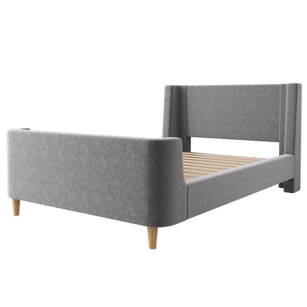 Barnsäng 90x200 cm, klädd med grå sammet (madrass ingår ej)