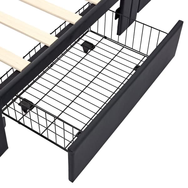 Seng med skuffer 90x190 cm i imiteret læder - med LED og opladningstilslutninger (kablet og trådløs) - sort