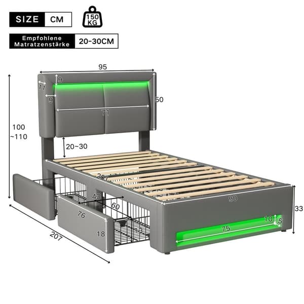 Säng med lådor 90x200 cm i läderimitation - med LED och laddningsanslutningar (trådbundna och trådlösa) - grå