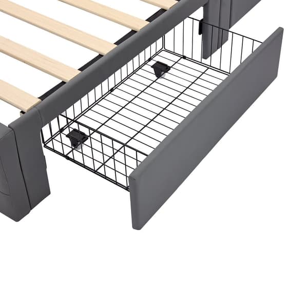 Säng med lådor 90x200 cm i läderimitation - med LED och laddningsanslutningar (trådbundna och trådlösa) - grå