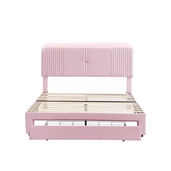 Dobbeltseng med fløjlsbetræk 140 x 200 cm - med LED og USB-opladningstilslutning - med stor skuffe - Pink