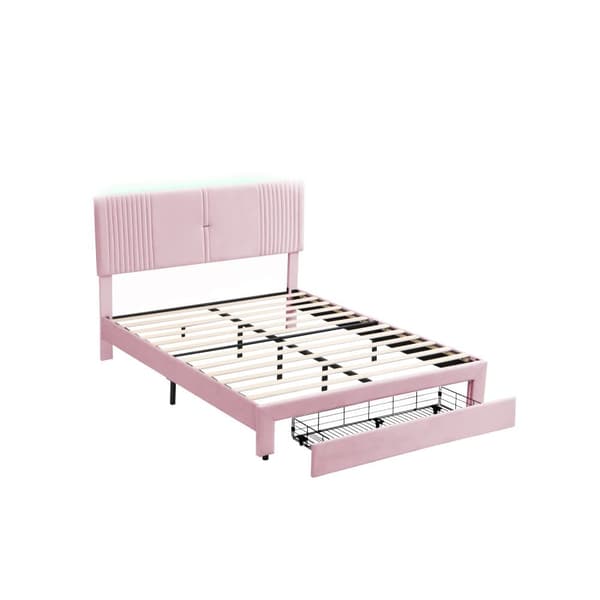 Dobbeltseng med fløjlsbetræk 140 x 200 cm - med LED og USB-opladningstilslutning - med stor skuffe - Pink