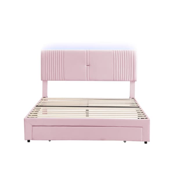 Dobbeltseng med fløjlsbetræk 140 x 200 cm - med LED og USB-opladningstilslutning - med stor skuffe - Pink