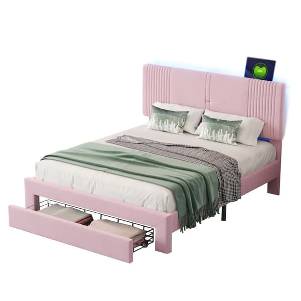 Dobbeltseng med fløjlsbetræk 140 x 200 cm - med LED og USB-opladningstilslutning - med stor skuffe - Pink