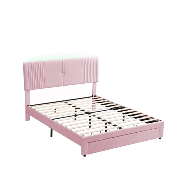 Dobbeltseng med fløjlsbetræk 140 x 200 cm - med LED og USB-opladningstilslutning - med stor skuffe - Pink
