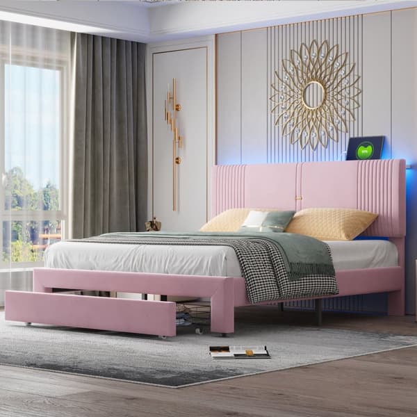 Dobbeltseng med fløjlsbetræk 160 x 200 cm - med LED og USB-opladningstilslutning - med stor skuffe - Pink