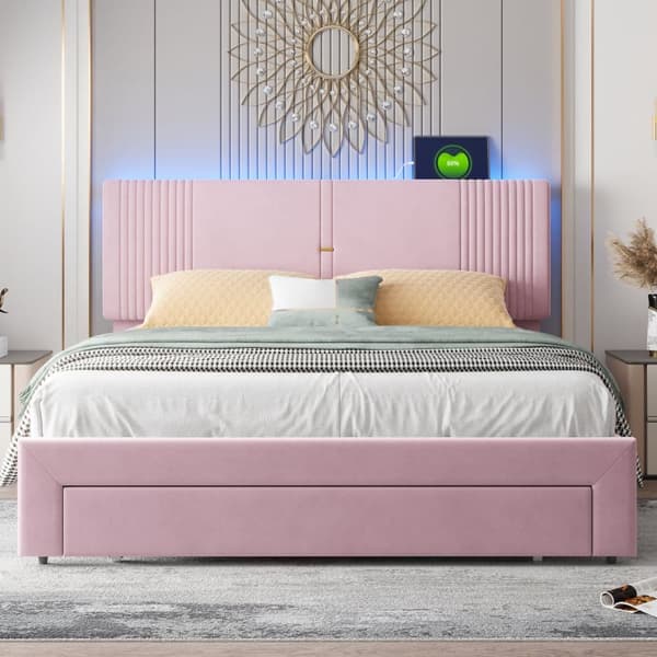 Parivuode samettipäällisellä 160 x 200 cm - LED- ja USB-latausliitännällä - suurella laatikolla - Vaaleanpunainen