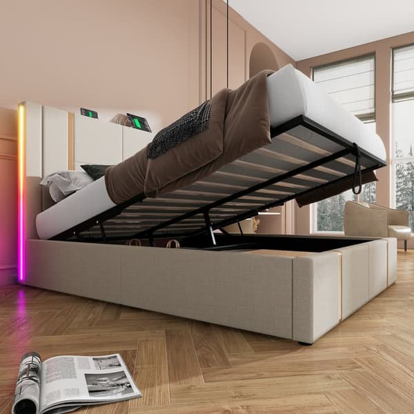 Sengeboks seng 140x200 cm betrukket med hørstof - med LED og ladefunktion - med lamelramme - Beige