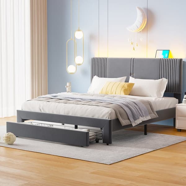 Pehmustettu parivuode 160x200cm - LED- ja USB-latausliitännällä - suurella laatikolla - harmaa