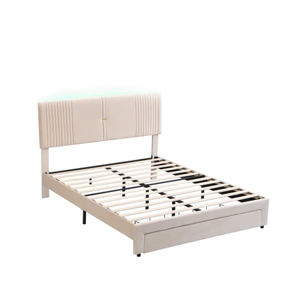 Polstret dobbeltseng 160x200cm - med LED og USB opladningstilslutning - med stor kasse - Beige