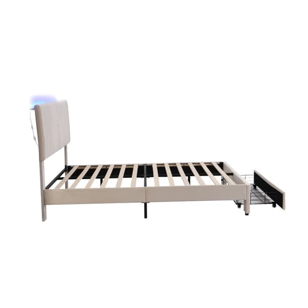 Polstret dobbeltseng 160x200cm - med LED og USB opladningstilslutning - med stor kasse - Beige
