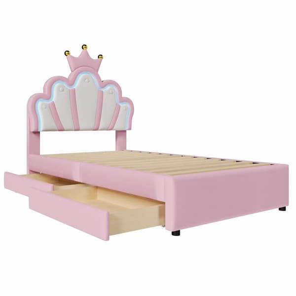 Stoppad barnsäng 90x200 cm - med LED och 2 lådor - Rosa