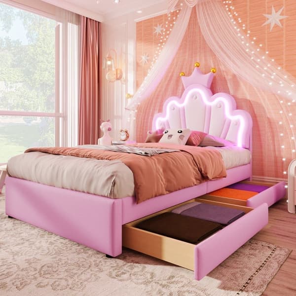 Stoppad barnsäng 90x200 cm - med LED och 2 lådor - Rosa