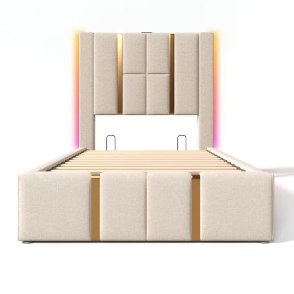 Sängbox säng 90x200 cm klädd i linnetyg - med LED och laddningsfunktion - med lamellram - Beige