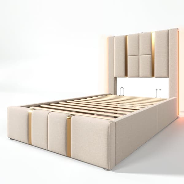 Sängbox säng 90x200 cm klädd i linnetyg - med LED och laddningsfunktion - med lamellram - Beige
