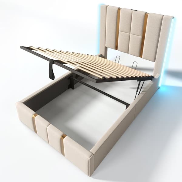 Sängbox säng 90x200 cm klädd i linnetyg - med LED och laddningsfunktion - med lamellram - Beige