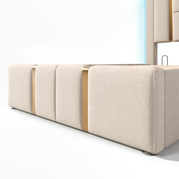 Sängbox säng 90x200 cm klädd i linnetyg - med LED och laddningsfunktion - med lamellram - Beige