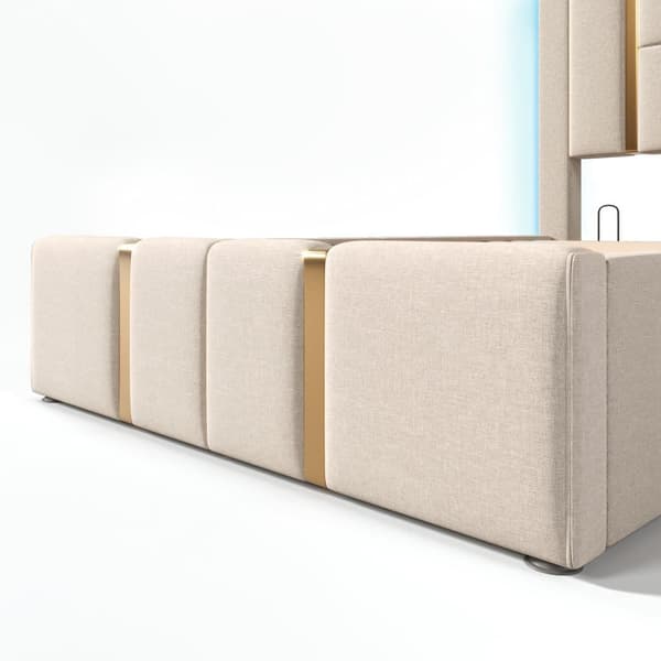 Sängbox säng 90x200 cm klädd i linnetyg - med LED och laddningsfunktion - med lamellram - Beige