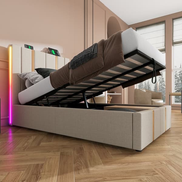 Sängbox säng 90x200 cm klädd i linnetyg - med LED och laddningsfunktion - med lamellram - Beige