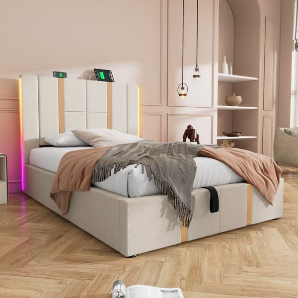 Sängbox säng 90x200 cm klädd i linnetyg - med LED och laddningsfunktion - med lamellram - Beige