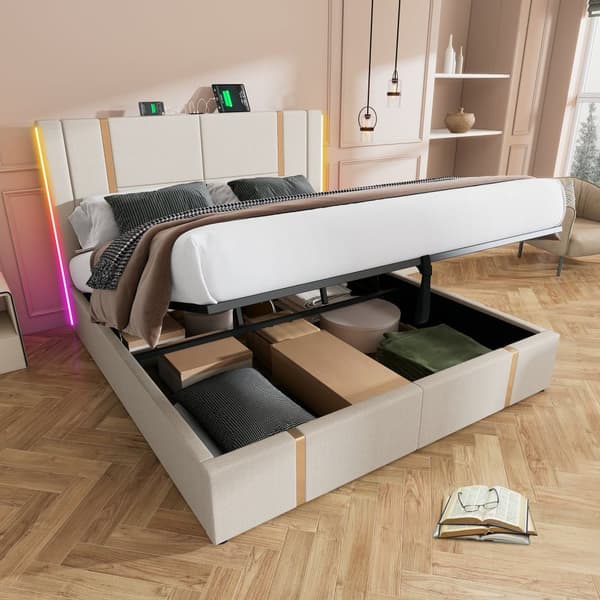 Sängbox säng 160x200 cm klädd i linnetyg - med LED och laddningsfunktion - med lamellram - Beige