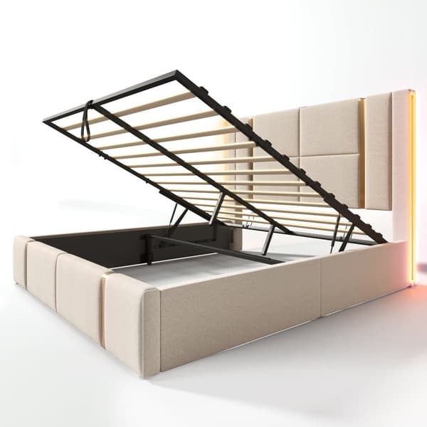 Sängbox säng 160x200 cm klädd i linnetyg - med LED och laddningsfunktion - med lamellram - Beige
