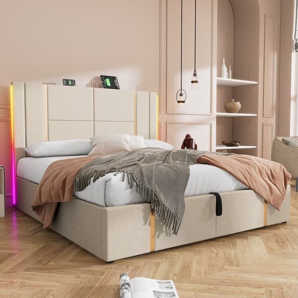 Sengekasseseng 160x200 cm polstret i hørstof - med LED og ladefunktion - med lamelramme - Beige