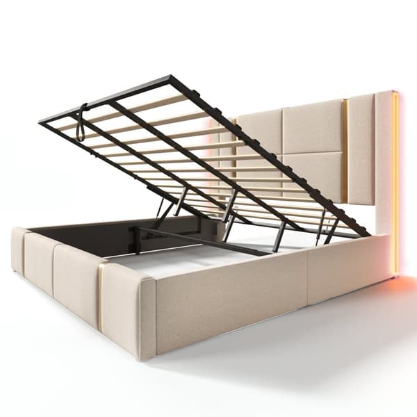 Sängbox säng 180x200 cm klädd i linnetyg - med LED och laddningsfunktion - med lamellram - Beige
