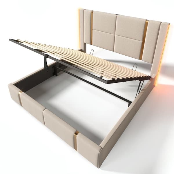 Sängbox säng 180x200 cm klädd i linnetyg - med LED och laddningsfunktion - med lamellram - Beige