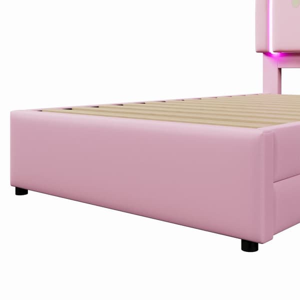 Enkeltseng med betræk i kunstlæder 90x200 cm - med LED og 2 skuffer - Pink
