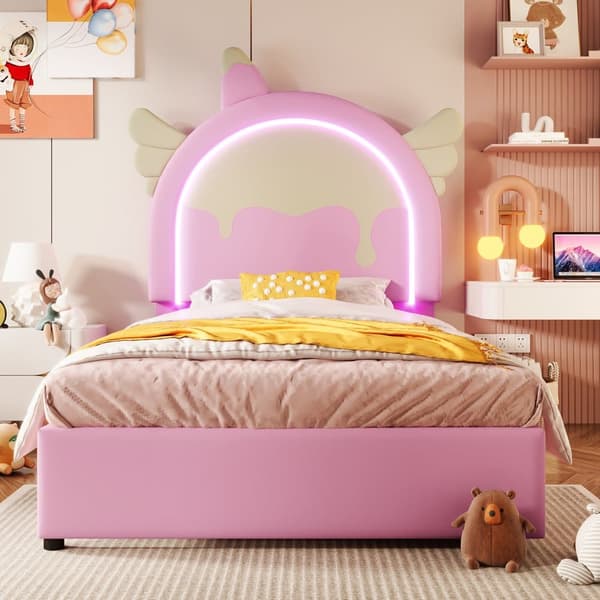 Yhden hengen sänky keinonahkapäällisellä 90x200 cm - LED-ledillä ja 2 laatikolla - Pinkki