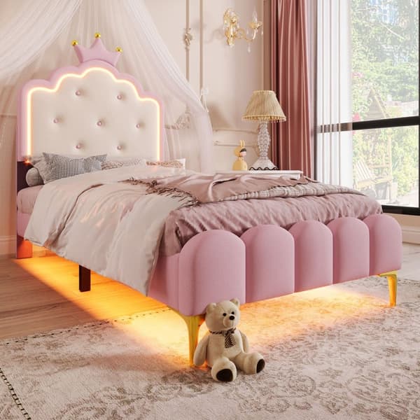 Stoppad säng 90x200 cm med LED - PU-lädermaterial - med lamellram - rosa