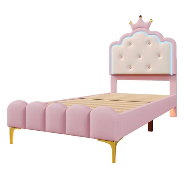 Stoppad säng 90x200 cm med LED - PU-lädermaterial - med lamellram - rosa