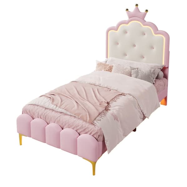 Stoppad säng 90x200 cm med LED - PU-lädermaterial - med lamellram - rosa