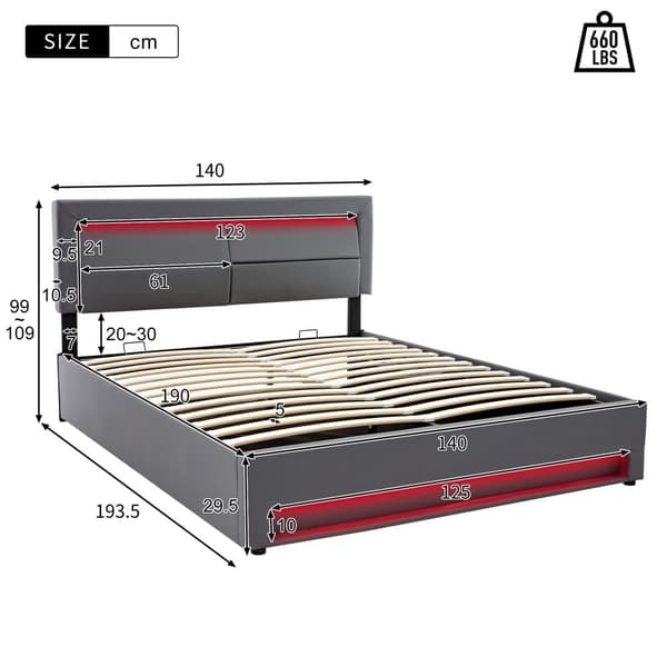 Opbevaringsseng i imiteret læder 140 x 190 cm med LED - med opladningstilslutninger (kablet og trådløs) - grå
