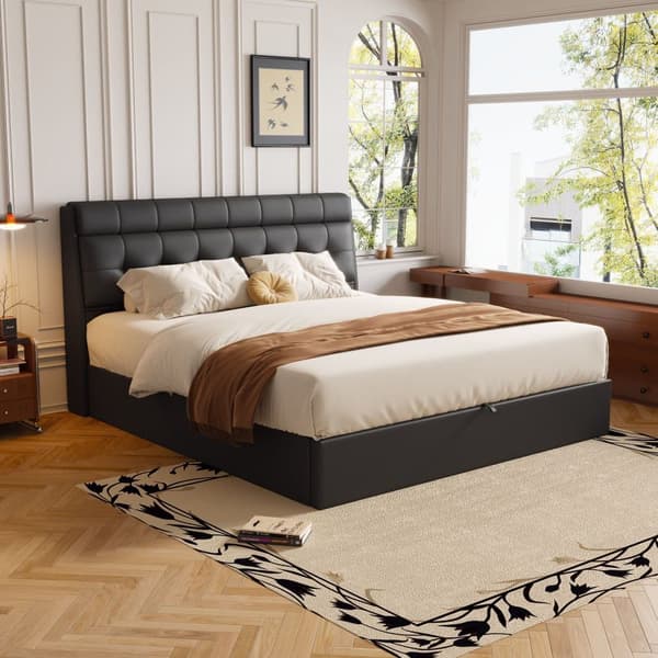 Säng med förvaringsutrymme 140x190 cm - tillverkad i konstläder - huvudgavel med förvaringsutrymme - svart