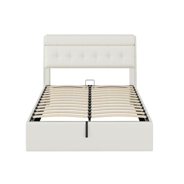 Seng med opbevaringsplads 140x200 cm - lavet af kunstlæder - sengegavl med opbevaringsplads - hvid