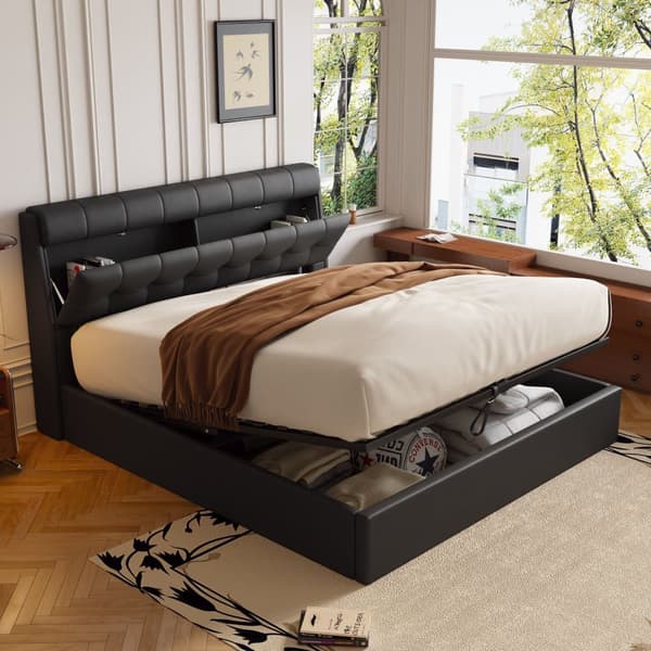 Säng med förvaringsutrymme 140x200 cm - tillverkad av konstläder - huvudgavel med förvaringsutrymme - svart