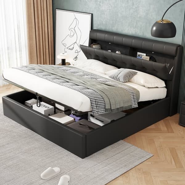 Säng med förvaringsutrymme 140x200 cm - tillverkad av konstläder - huvudgavel med förvaringsutrymme - svart