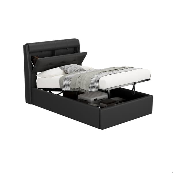 Seng med opbevaringsplads 90x200 cm - Lavet af kunstlæder - Sengegavl med opbevaringsplads - Sort
