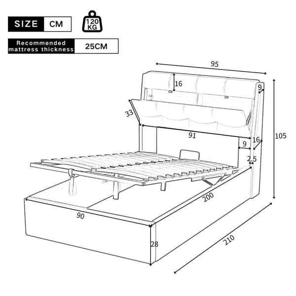Seng med opbevaringsplads 90x200 cm - Lavet af kunstlæder - Sengegavl med opbevaringsplads - Sort