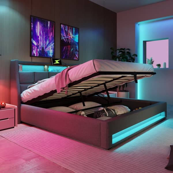 Sengelinned med opbevaringsplads 140x200cm med LED og USB tilslutninger - lamelramme - grå